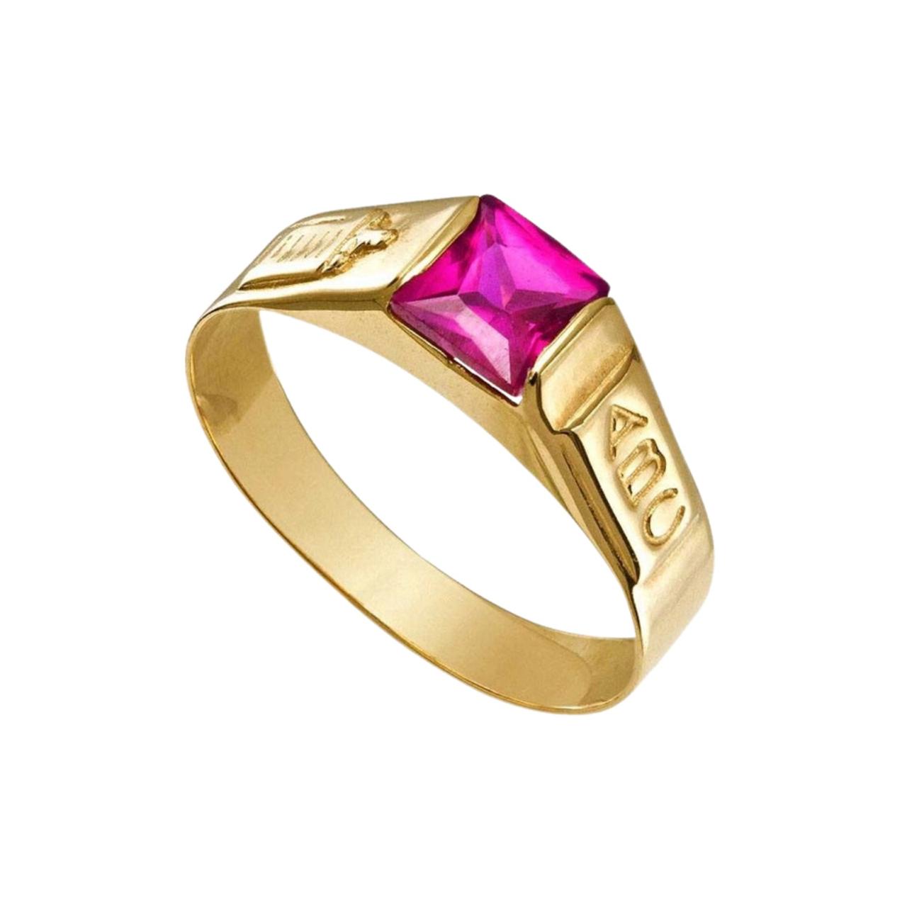 Anel de Formatura em Ouro Amarelo 18k-750 com Zircônia Vermelha