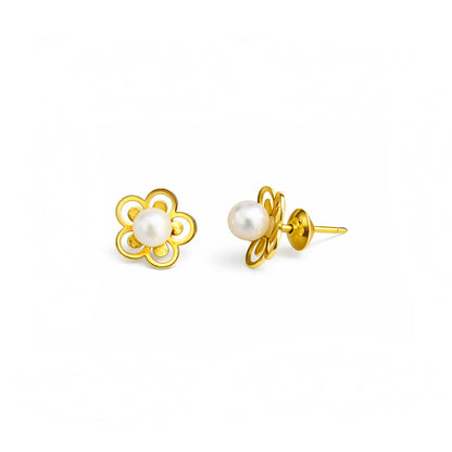 Brinco Infantil Flor com Pérola em Ouro Amarelo 18k