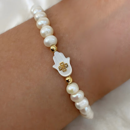 Pulseira de Mão de Hamsa em Madrepérola e Pérolas Barrocas em Ouro 18K-750