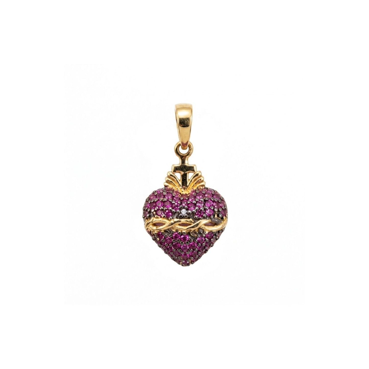 Pingente Sagrado Coração de Jesus em Ouro amarelo 18K, Cravejado com Zircônias vermelhas