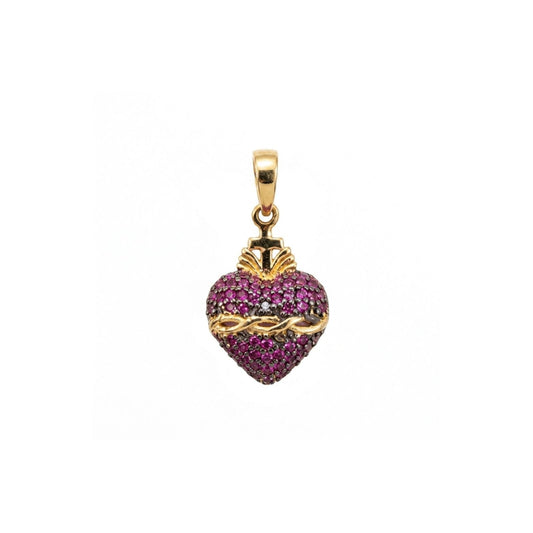 Pingente Sagrado Coração de Jesus em Ouro amarelo 18K, Cravejado com Zircônias vermelhas