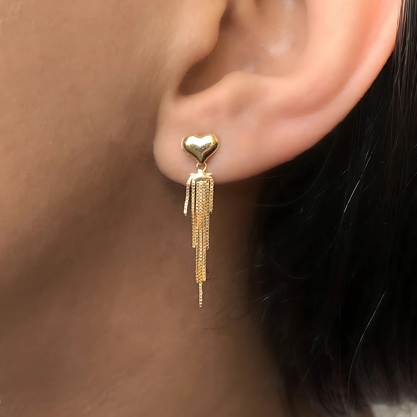 Brinco Coração com Franja em Ouro Amarelo 18k-750