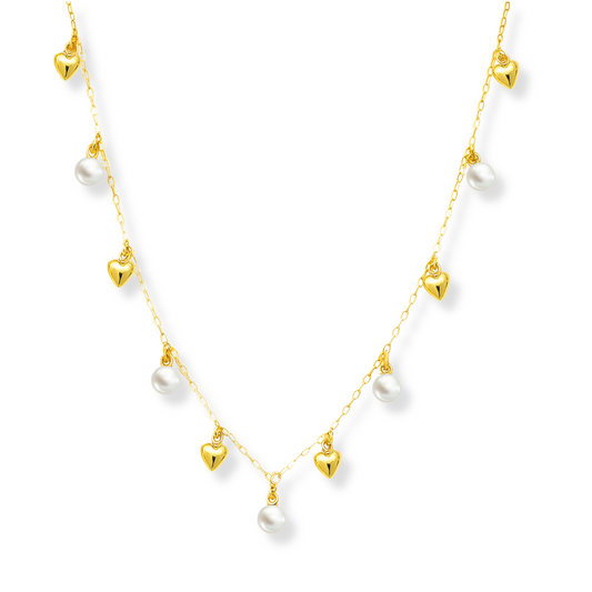 Corrente de Ouro 18K Americana com 45 cm – 7 pérolas e 6 corações