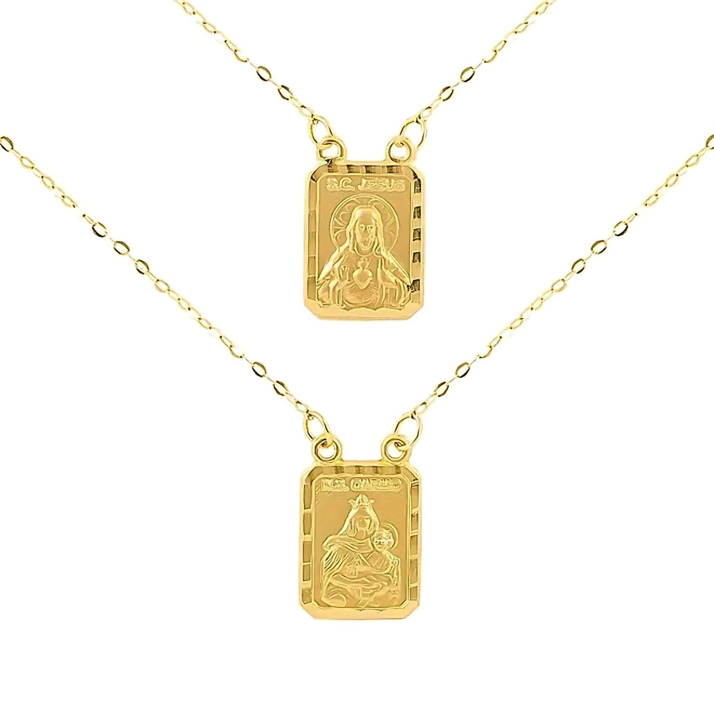 Escapulário em Ouro Amarelo 18K – Medalhas Retangulares Corrente Cadeado Simples
