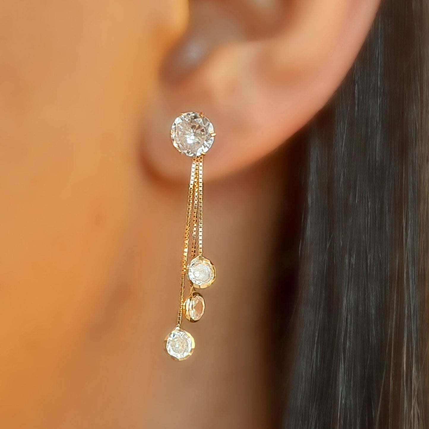 Par de Franja em Veneziana Tripla com Zircônias Nas Pontas em Ouro Amarelo 18K-750