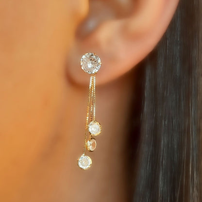 Par de Franja em Veneziana Tripla com Zircônias Nas Pontas em Ouro Amarelo 18K-750