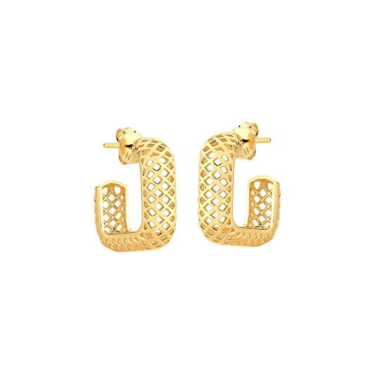 Brinco Meia Argola Quadrada em Ouro Amarelo 18k-750 com Detalhe Vazado, 10mm
