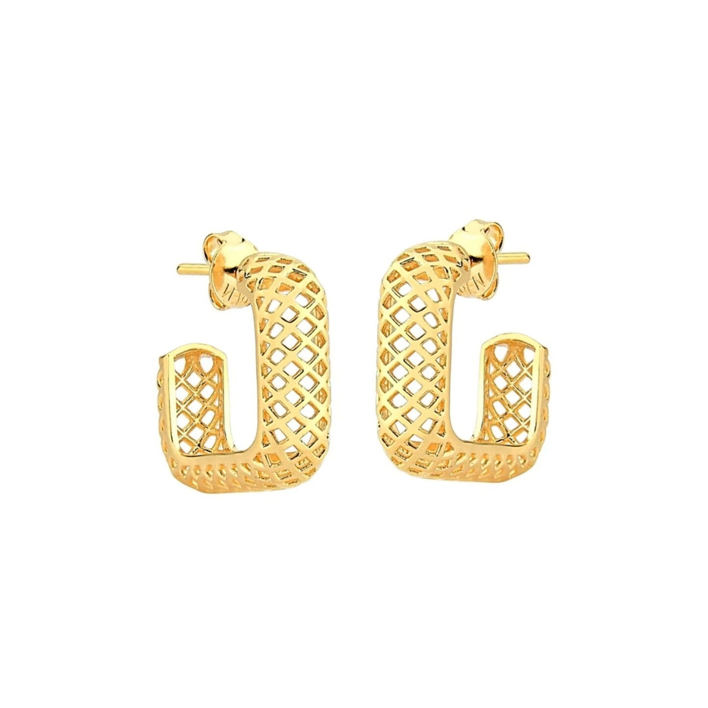 Brinco Meia Argola Quadrada em Ouro Amarelo 18k-750 com Detalhe Vazado