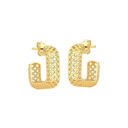Brinco Meia Argola Quadrada em Ouro Amarelo 18k-750 com Detalhe Vazado