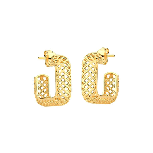 Brinco Meia Argola Quadrada em Ouro Amarelo 18k-750 com Detalhe Vazado