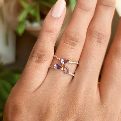 Anel Gotas de Ametista Lavanda em Ouro Amarelo 18K