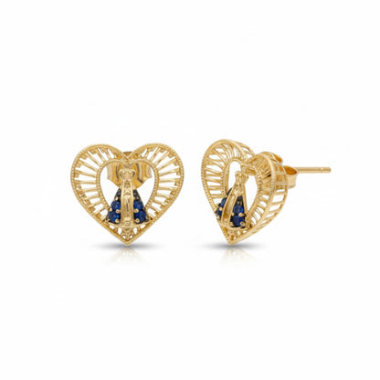 Brinco Coração Nossa Senhora Aparecida em Ouro Amarelo 18K-750