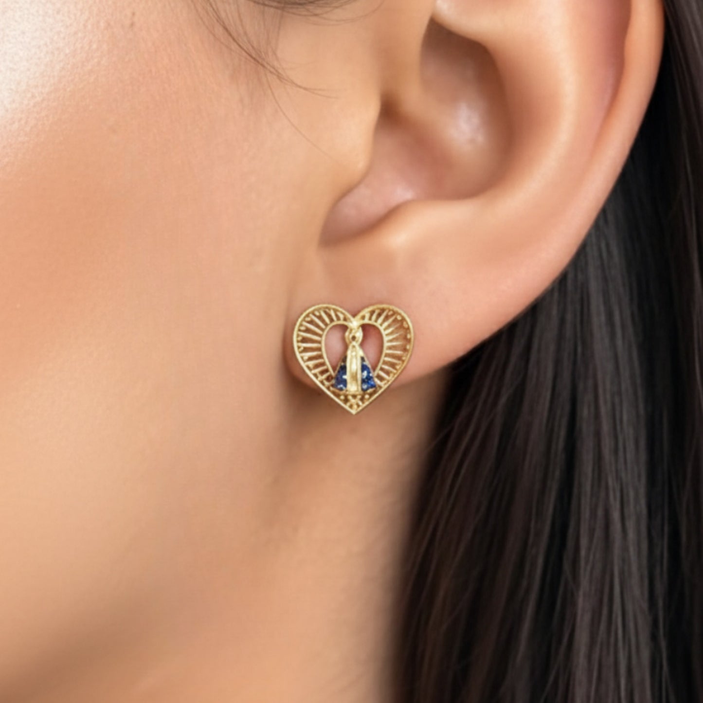 Brinco Coração Nossa Senhora Aparecida em Ouro Amarelo 18K-750