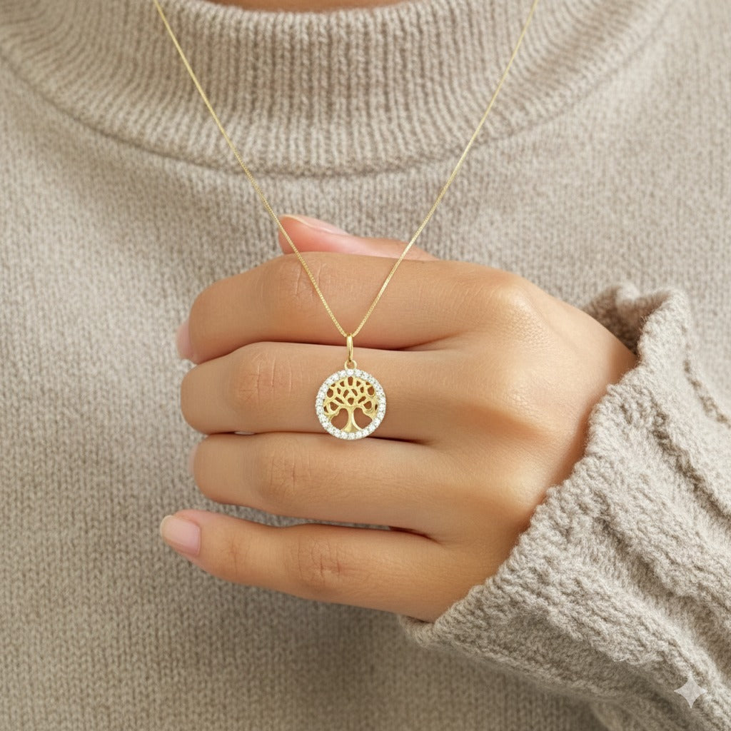 Pingente Árvore da Vida em Ouro Amarelo 18K, com zircônias
