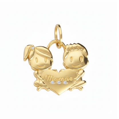 Pingente Casal De Filhos em Ouro Amarelo 18k com 4 brilhantes