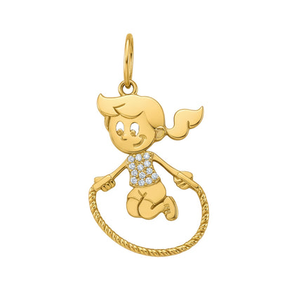 Pingente em ouro amarelo 18k com zircônias - menina pulando corda