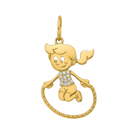 Pingente em ouro amarelo 18k com zircônias - menina pulando corda