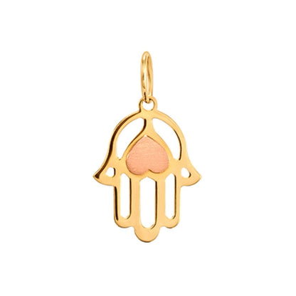 Pingente em Ouro Amarelo 18K Mão de Hamsa com Coração em Ouro Rose 18K