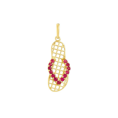 Pingente Chinelo Vazado em Ouro Amarelo 18k-750 com zircônias vermelho rubi.