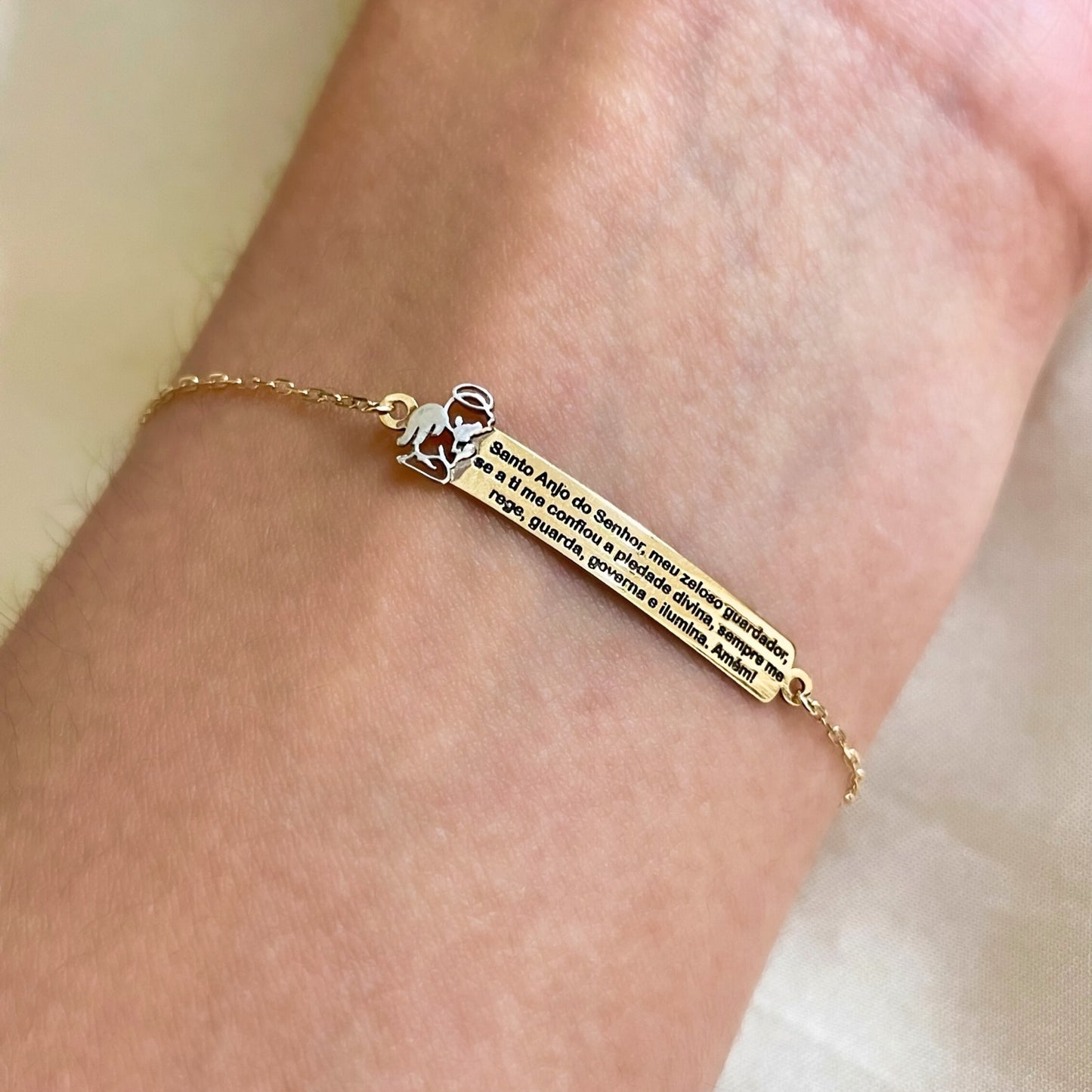 Pulseira Infantil Chapa com Oração Anjo da Guarda em Ouro Amarelo 18K-750