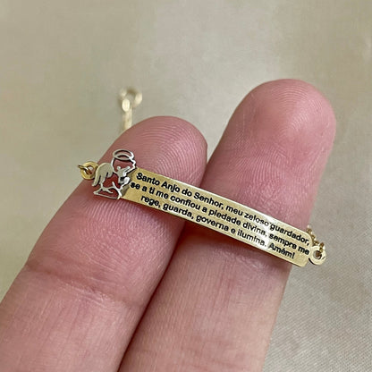 Pulseira Infantil Chapa com Oração Anjo da Guarda em Ouro Amarelo 18K-750