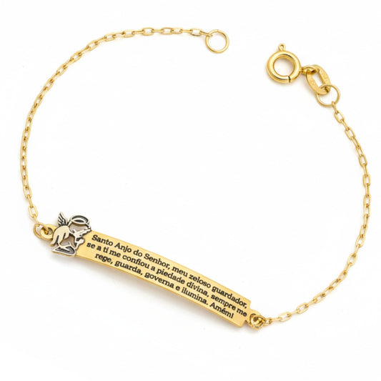 Pulseira Infantil Chapa com Oração Anjo da Guarda em Ouro Amarelo 18K-750