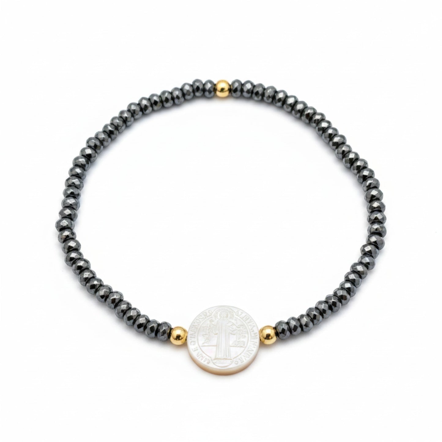 Pulseira de Hematitas com medalha madrepérola de São Bento  Ouro 18K-750