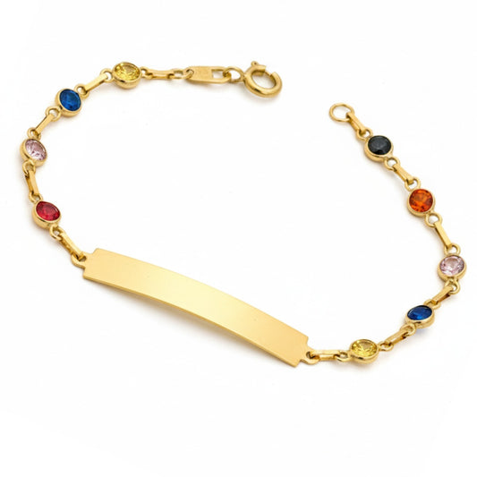 Pulseira Infantil Chapa com Zircônias Coloridas em Ouro Amarelo 18K-750