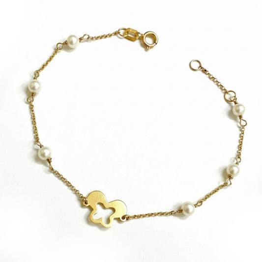 Pulseira em Ouro Amarelo 18k com Pérolas e Borboleta Vazada - 16,5cm