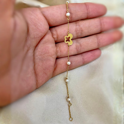 Pulseira em Ouro Amarelo 18k com Pérolas e Borboleta Vazada - 16,5cm