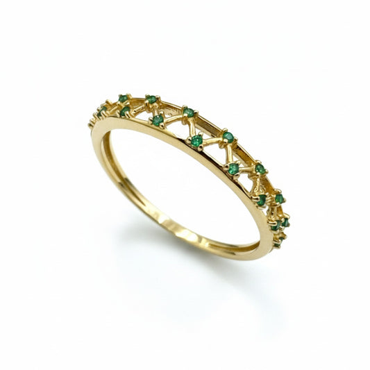 Anel Meia Aliança Tessela em Ouro Amarelo 18K-750, com zircônias verdes