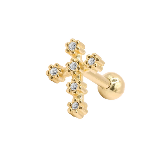 Piercing em Ouro Amarelo 18k para orelha – cruz com zirconias brancas