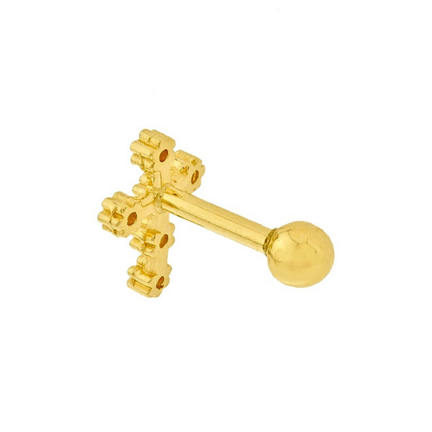 Piercing em Ouro Amarelo 18k para orelha – cruz com zirconias brancas