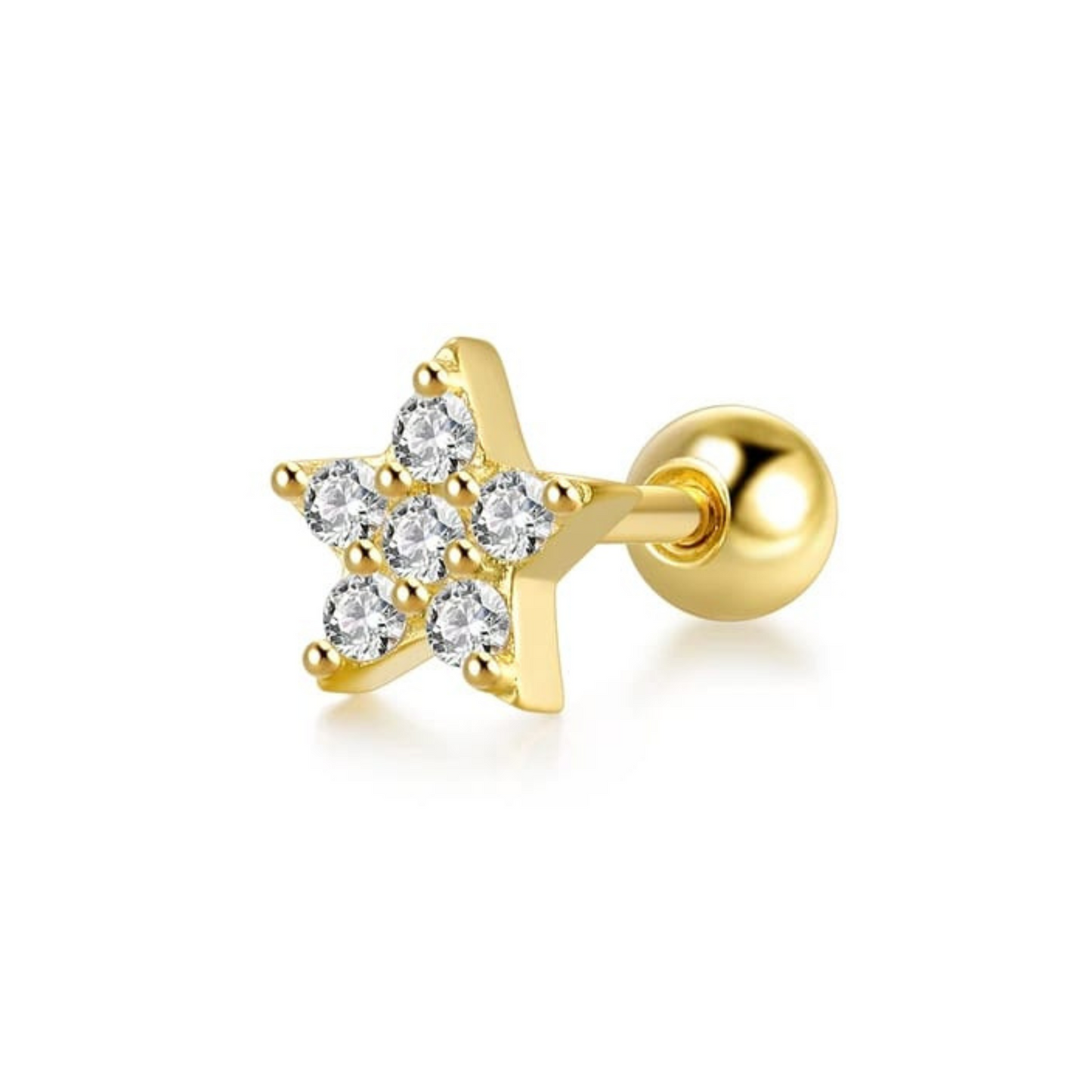 Piercing em Ouro Amarelo 18k para orelha – Estrela com zirconias brancas