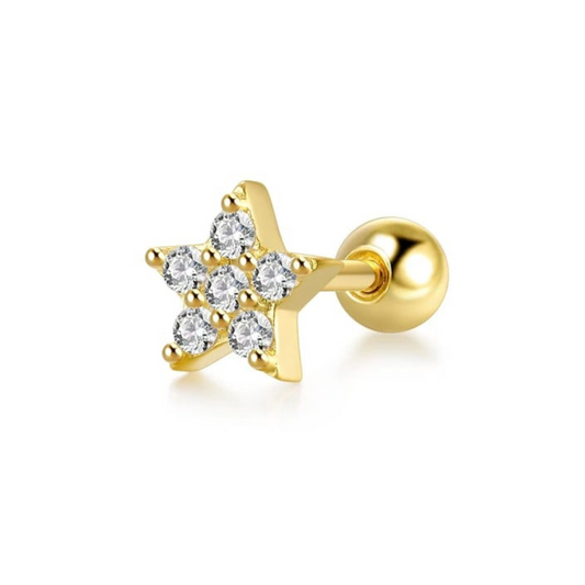 Piercing em Ouro Amarelo 18k para orelha – Estrela com zirconias brancas