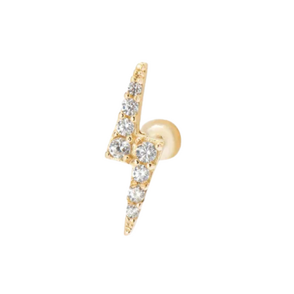 Piercing em Ouro Amarelo 18k para orelha – raio com zirconias brancas