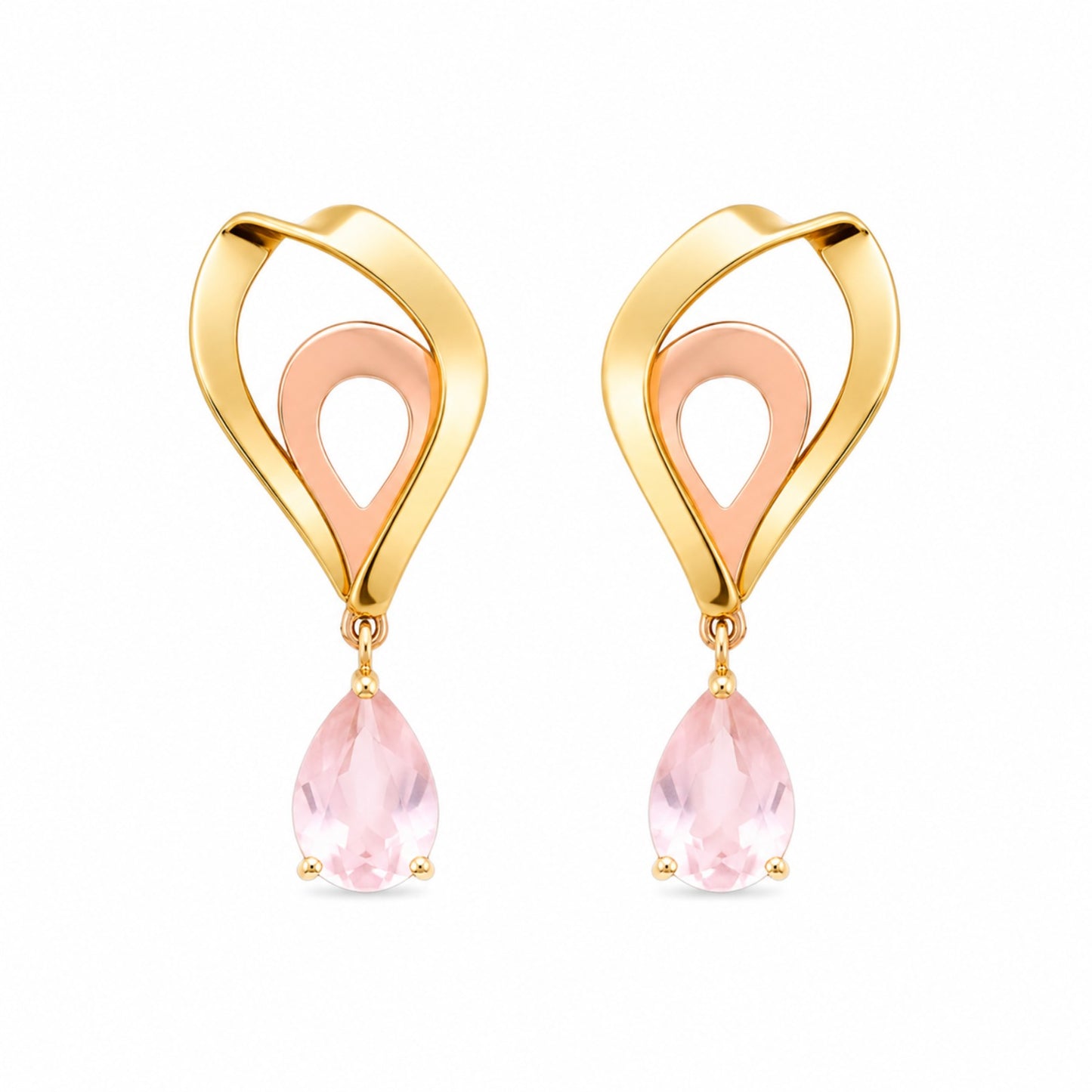 Brinco Rosalie em Ouro Amarelo 18K, com quartzos rosas - Coleção Goccia