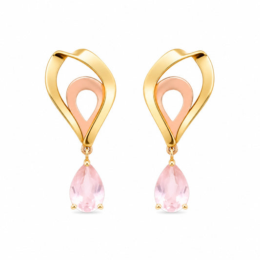 Brinco Rosalie em Ouro Amarelo 18K, com quartzos rosas - Coleção Goccia