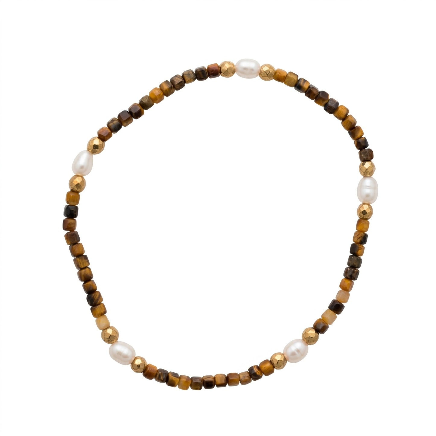 Pulseira em Nylon, com olhos-de-tigre, pérolas barrocas e hematitas douradas