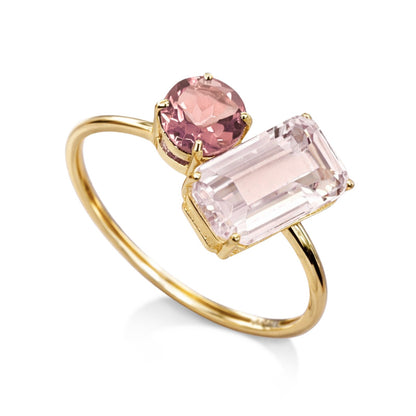 Anel Duet em Ouro Amarelo 18K-750, com quartzo rosa e quartzo violeta