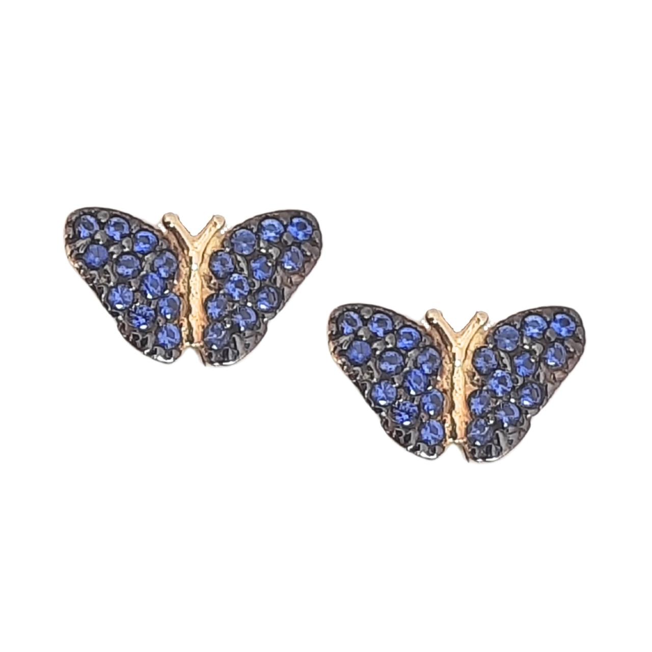 Brinco Borboleta Zircônia Azul Ouro Amarelo 18K