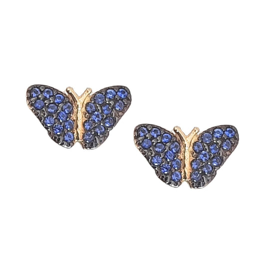 Brinco Borboleta Zircônia Azul Ouro Amarelo 18K