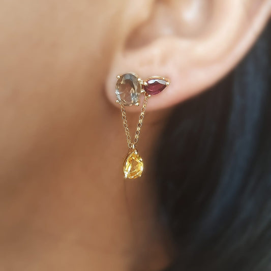 Brinco Ouro Amarelo 18K Citrino, Quartzo Fumê e Rodolita - Coleção Vivaz MBR3673