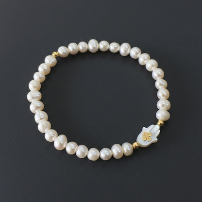 Pulseira de Mão de Hamsa em Madrepérola e Pérolas Barrocas em Ouro 18K-750