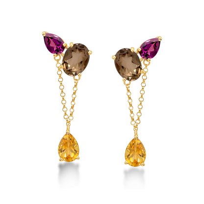 Brinco Ouro Amarelo 18K Citrino, Quartzo Fumê e Rodolita - Coleção Vivaz MBR3673