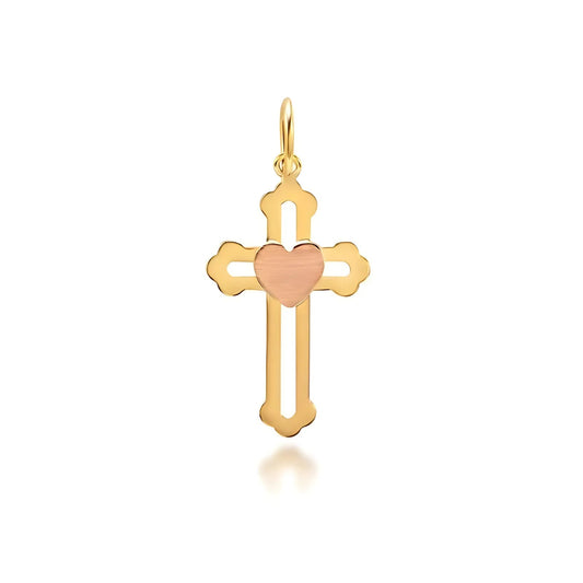 Pingente Ouro Amarelo 18K Cruz com Coração Ouro Rose 18k